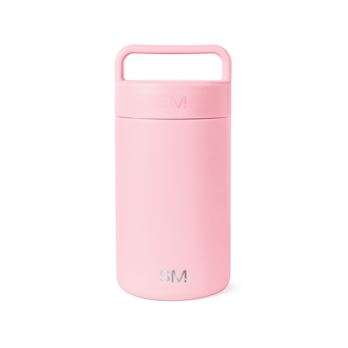 Soft pale pink ceramic jar with lid against white background