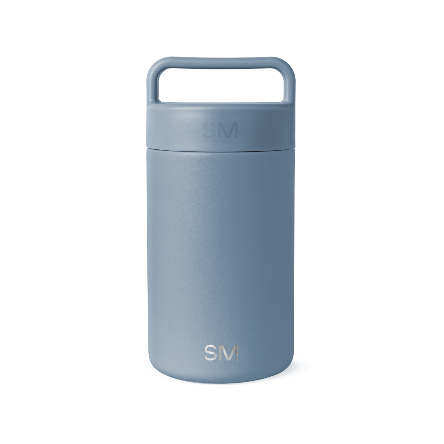 Dusty blue-gray ceramic jar with cylindrical shape and neutral muted tone on white background