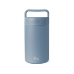 Dusty blue-gray ceramic jar with cylindrical shape and neutral muted tone on white background
