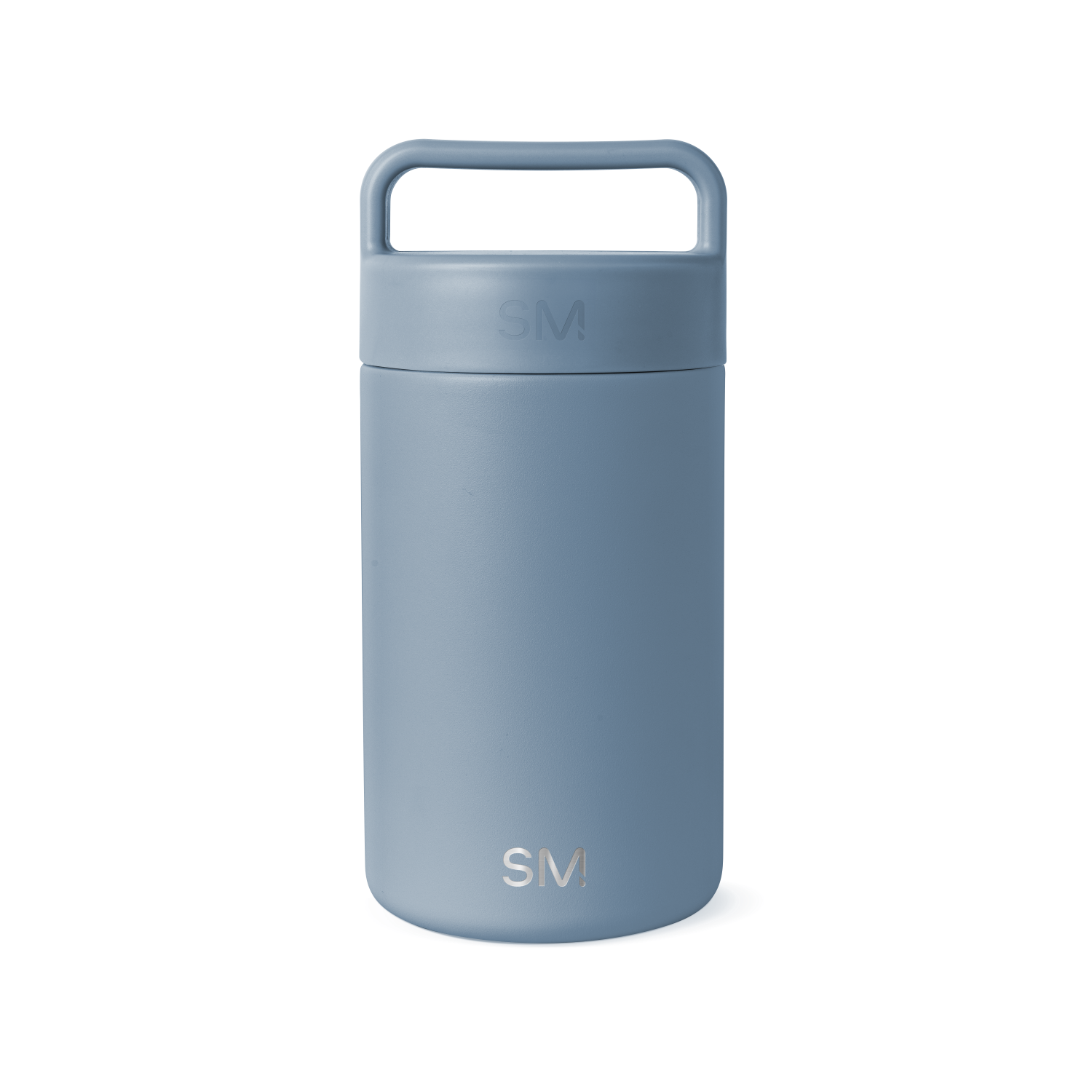 Dusty blue-gray ceramic jar with cylindrical shape and neutral muted tone on white background