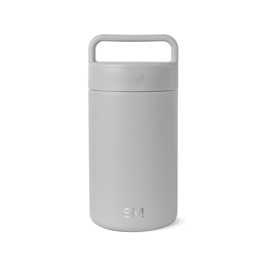 Light gray cylindrical jar container with uniform pale finish and subtle tonal variations created by its cylindrical form and ridged texture