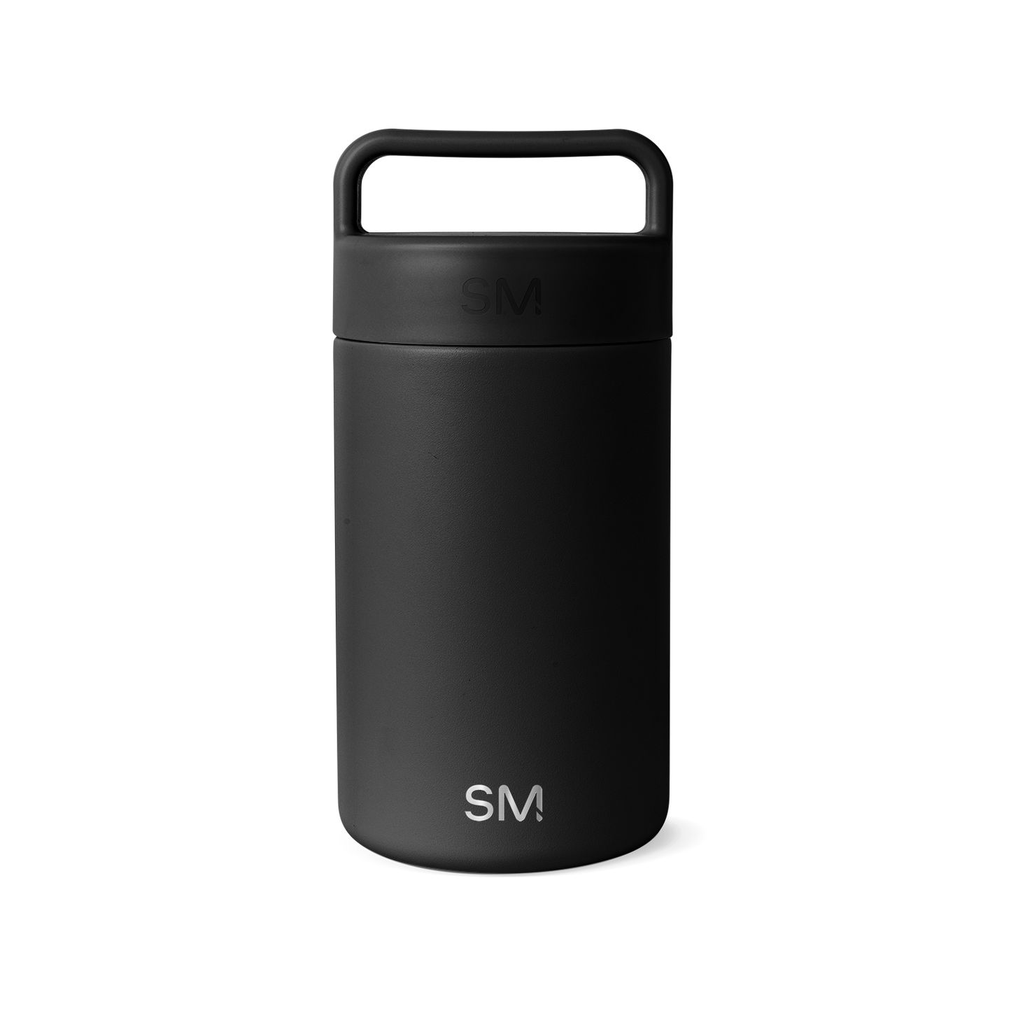 Matte black insulated drinkware vessel with lid and handle on white background