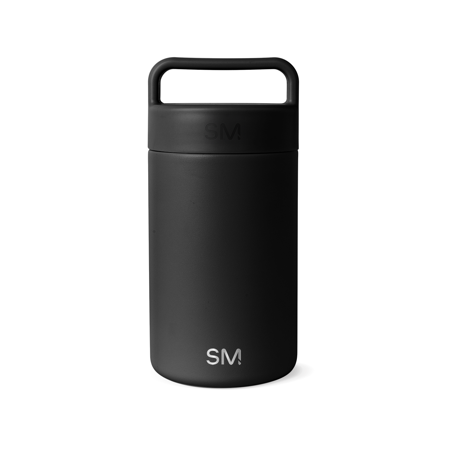 Matte black insulated drinkware vessel with lid and handle on white background