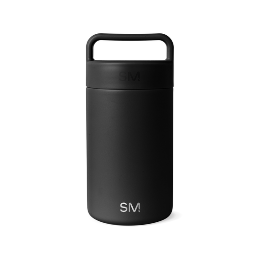 Matte black insulated drinkware vessel with lid and handle on white background