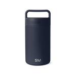 Deep navy blue jar with white SM logo branding and accents