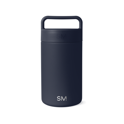Deep navy blue jar with white SM logo branding and accents