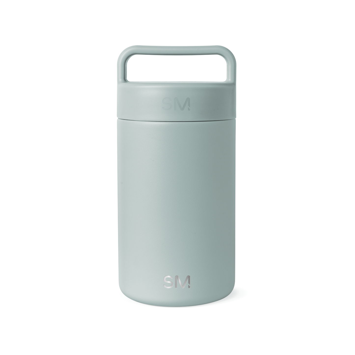 Sage green cylindrical insulated container with matte finish and integrated handle on white background