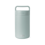 Sage green cylindrical insulated container with matte finish and integrated handle on white background