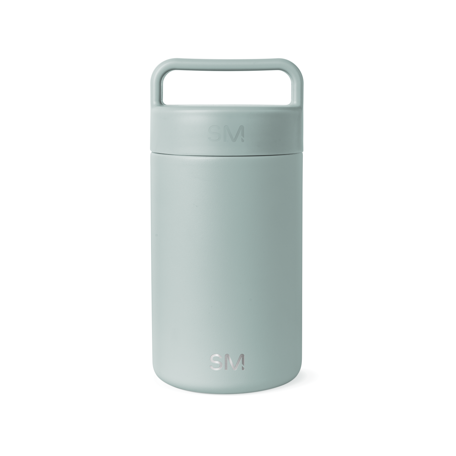 Sage green cylindrical insulated container with matte finish and integrated handle on white background