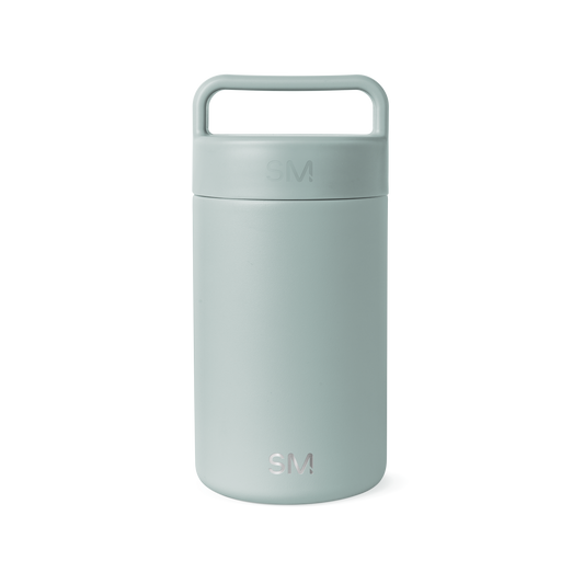 Sage green cylindrical insulated container with matte finish and integrated handle on white background