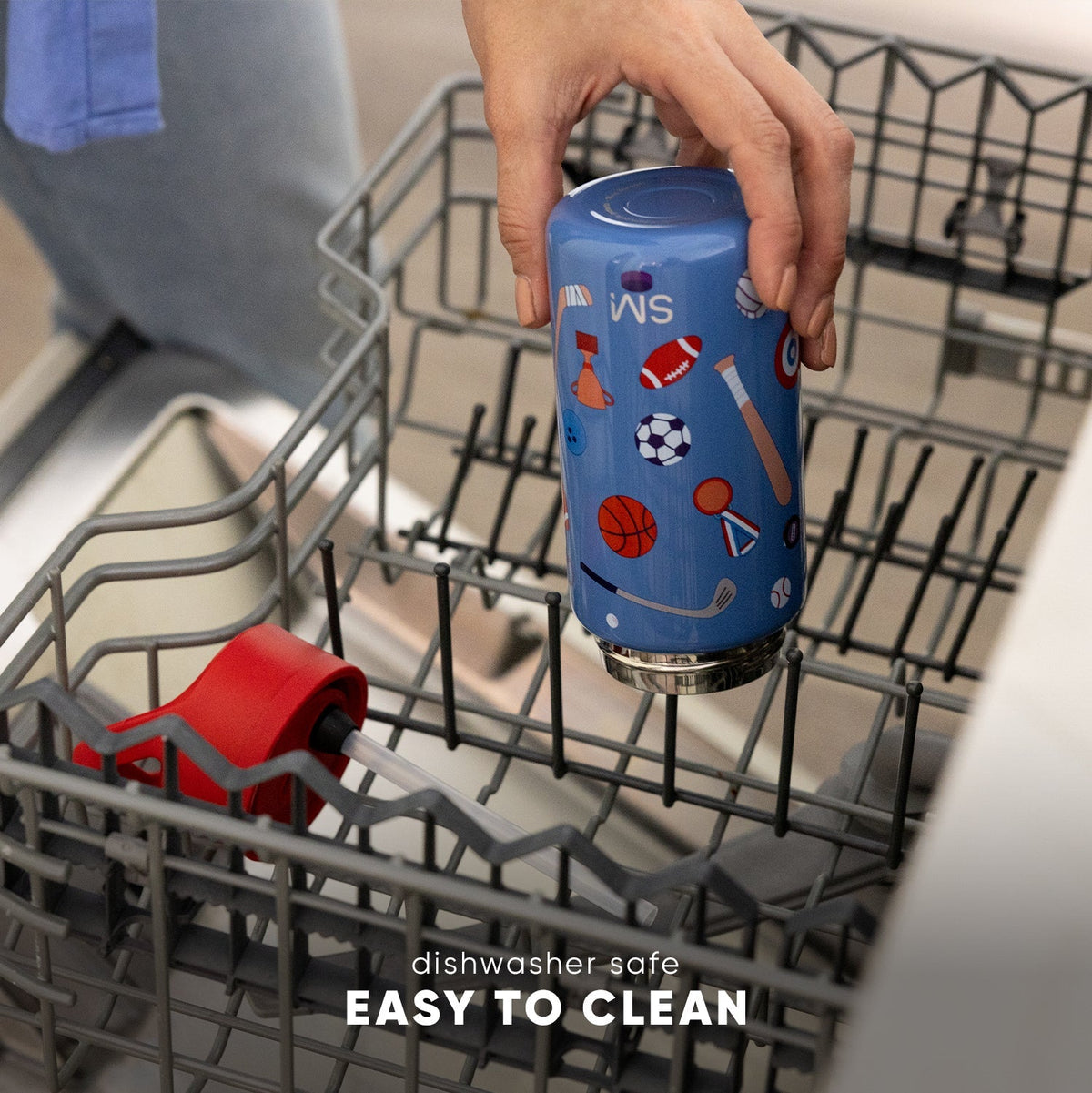 Child holding a periwinkle blue stainless steel water bottle in a dishwasher rack, highlighting dishwasher-safe feature