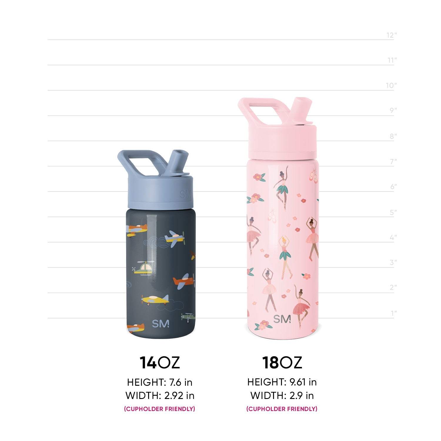 Two insulated water bottles side-by-side on white background with measurement scale on right edge. Left bottle is charcoal gray, right bottle color partially visible. Product comparison or sizing reference image.