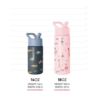 Two insulated water bottles side-by-side on white background with measurement scale on right edge. Left bottle is charcoal gray, right bottle color partially visible. Product comparison or sizing reference image.