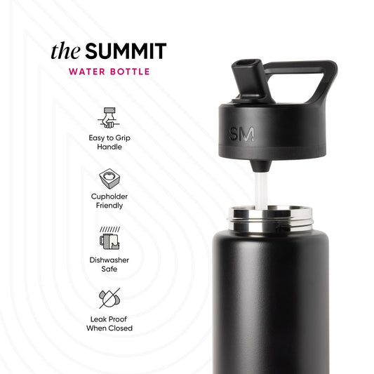 A sleek black and dark gray water bottle with white accents, featuring a metallic silver band at the base and inner cap, set against a clean, minimalist background.