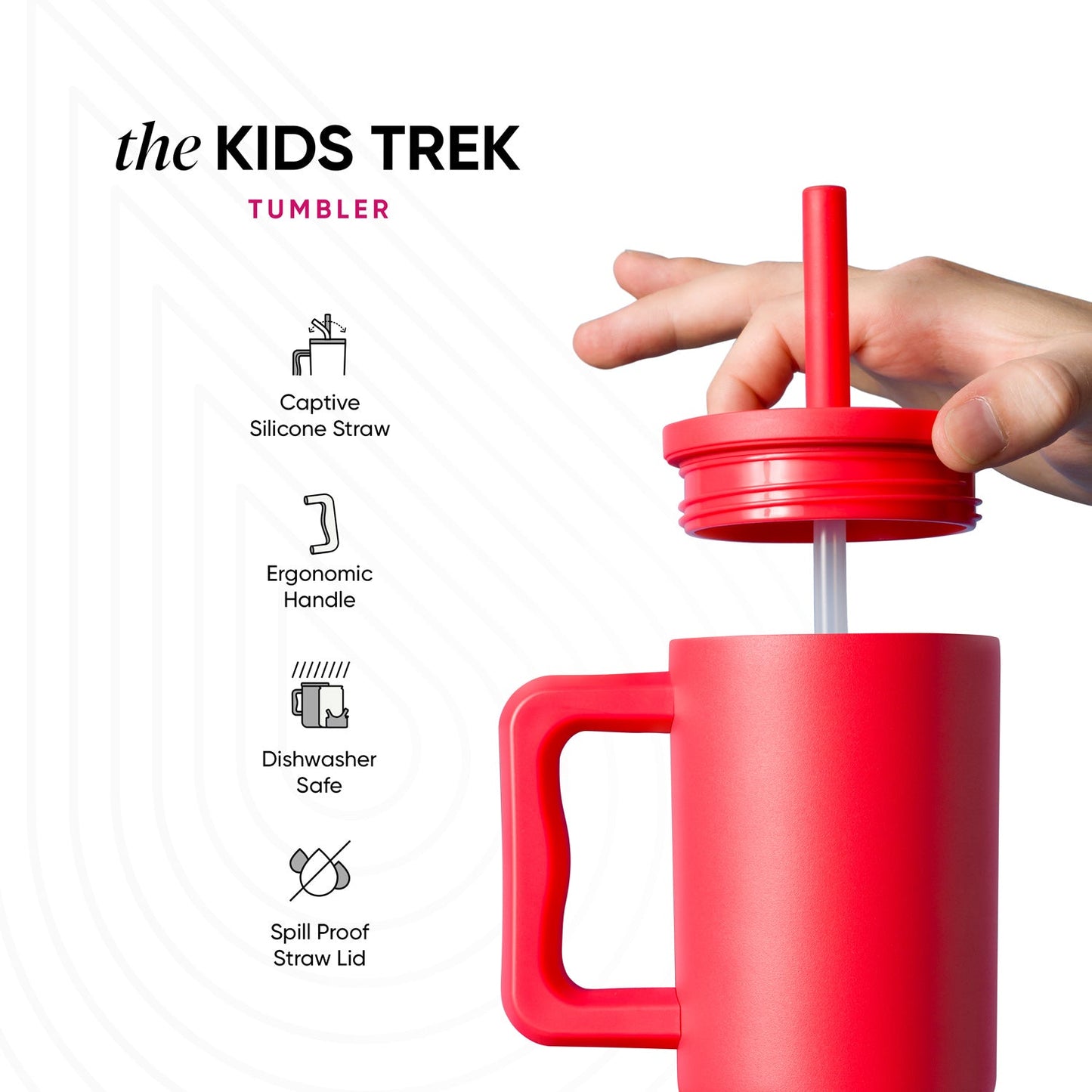 Coral-red kids' tumbler with matching lid and straw on white background with light gray diagonal stripes