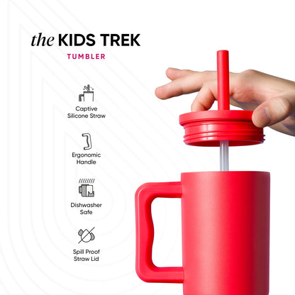 Coral-red kids' tumbler with matching lid and straw on white background with light gray diagonal stripes