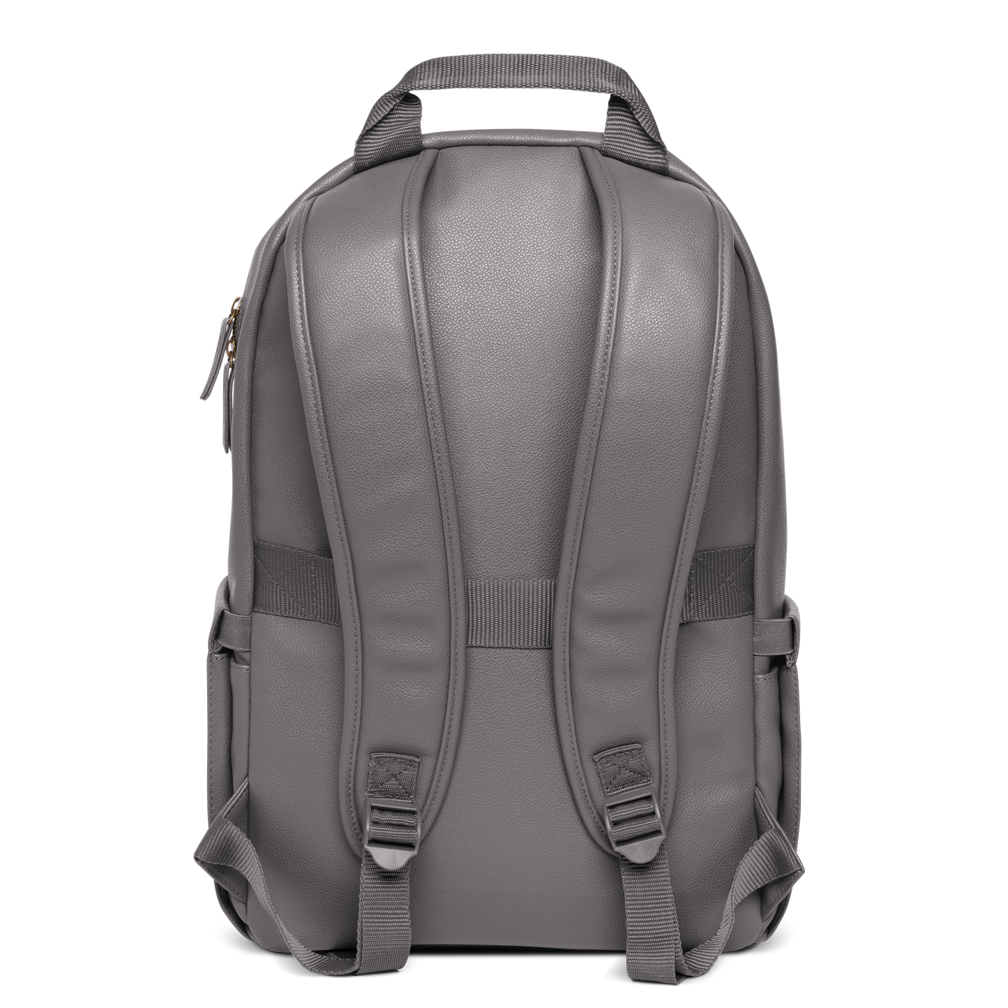 Gray backpack with darker charcoal gray straps and hardware on white background.