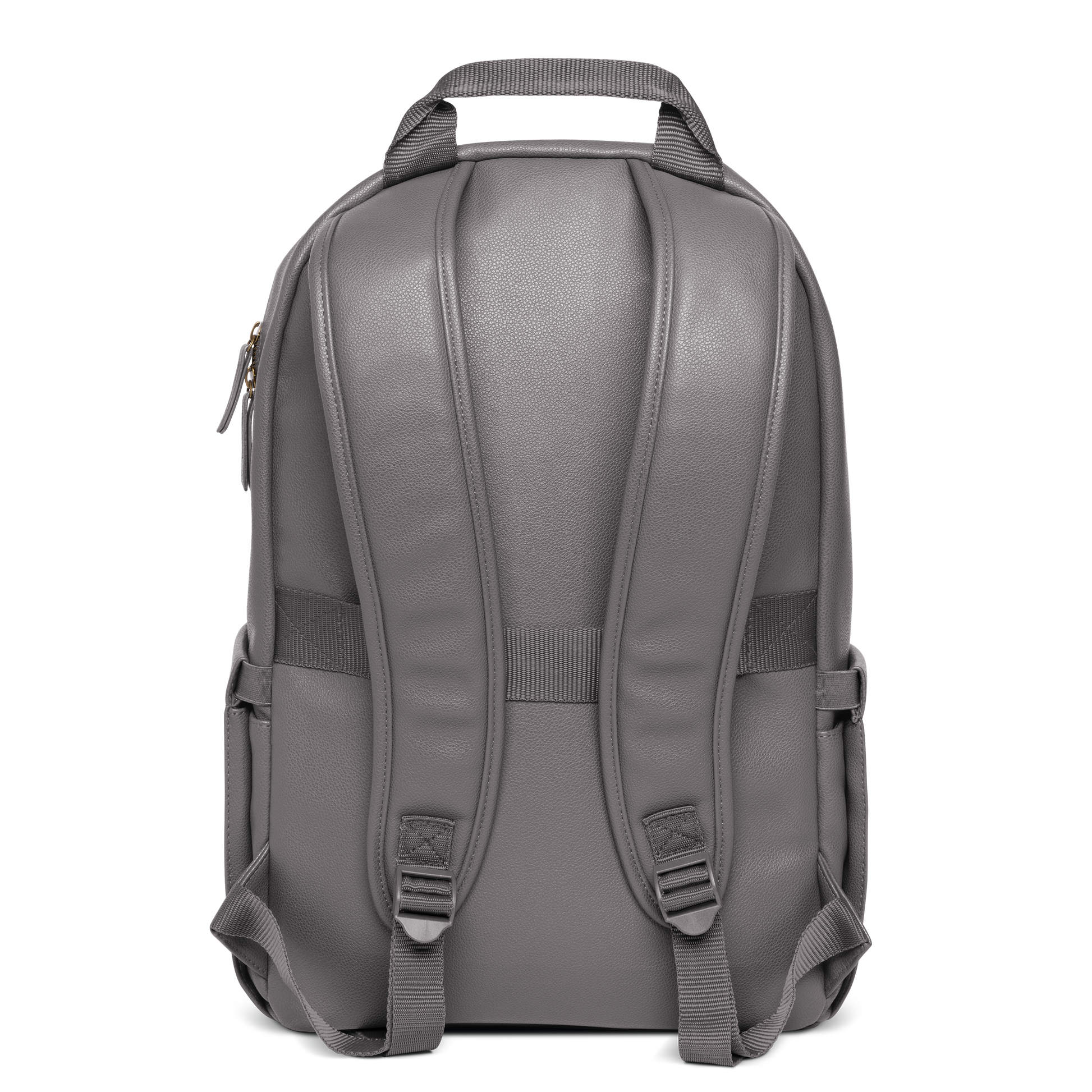 Gray backpack with darker charcoal gray straps and hardware on white background.