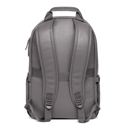 Gray backpack with darker charcoal gray straps and hardware on white background.