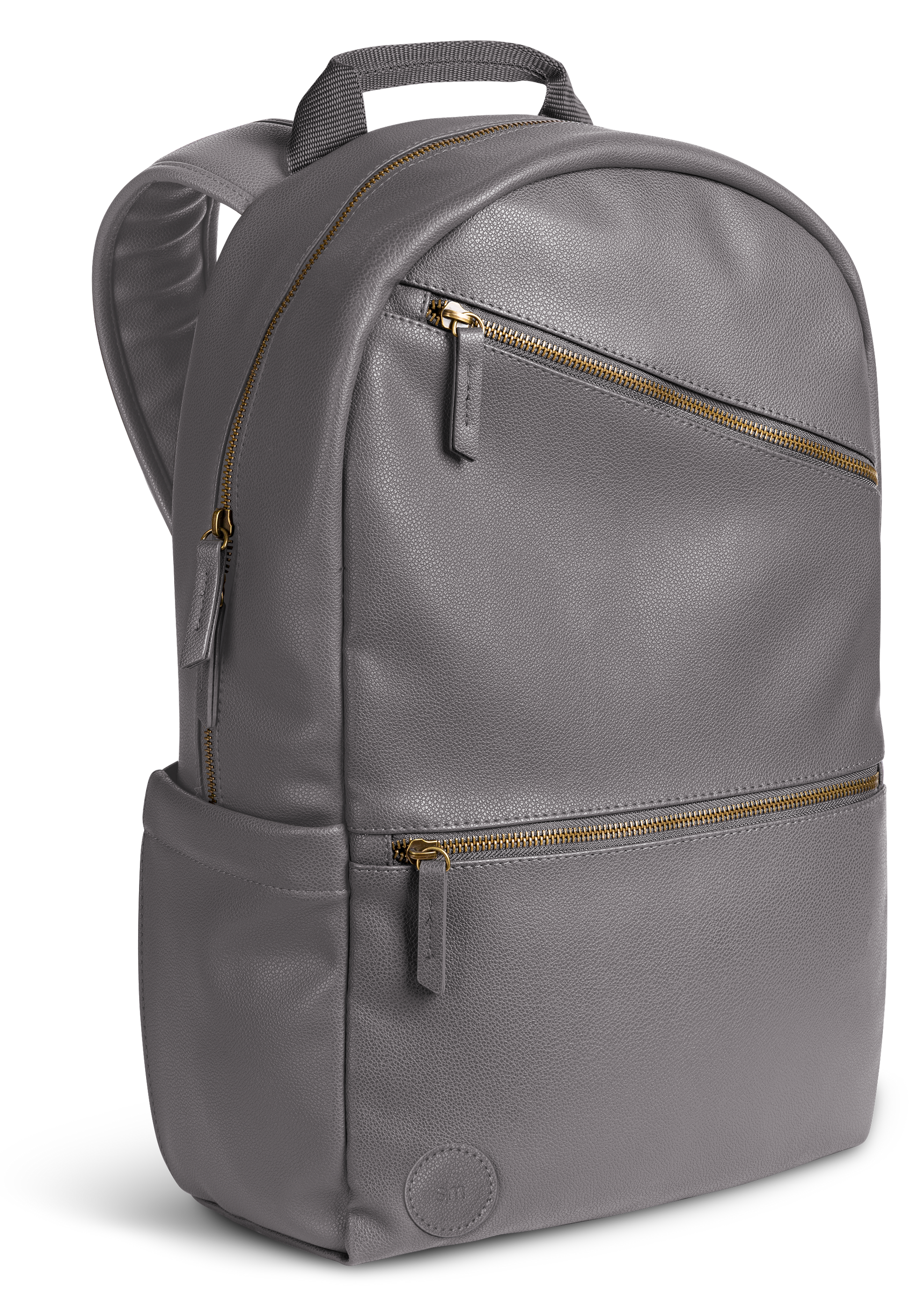 Gray backpack with gold-tone metal hardware and zippers, shown from the front view.