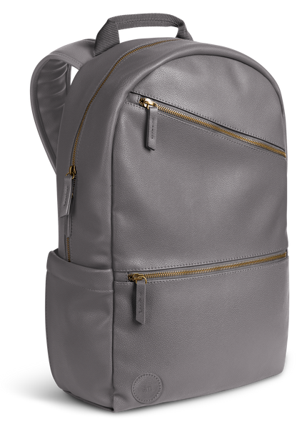 Gray backpack with gold-tone metal hardware and zippers, shown from the front view.