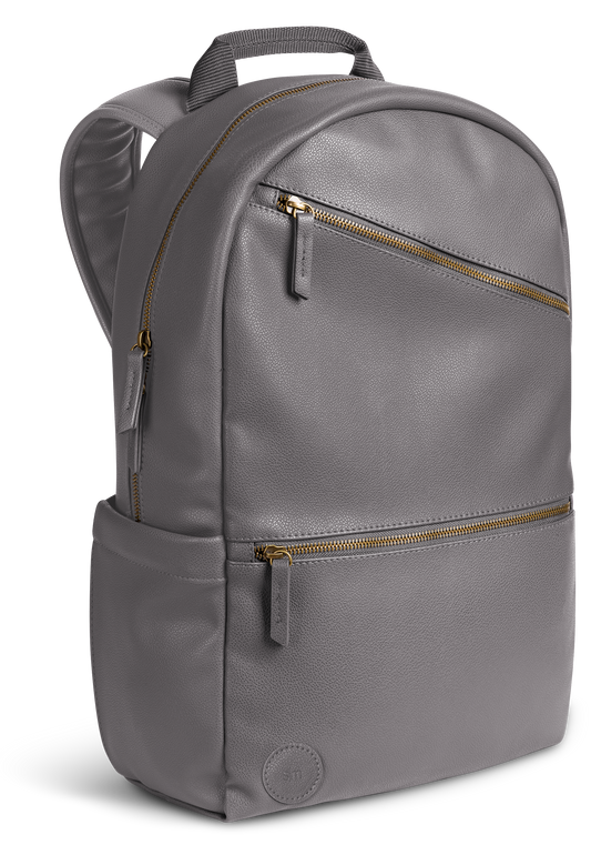 Gray backpack with gold-tone metal hardware and zippers, shown from the front view.