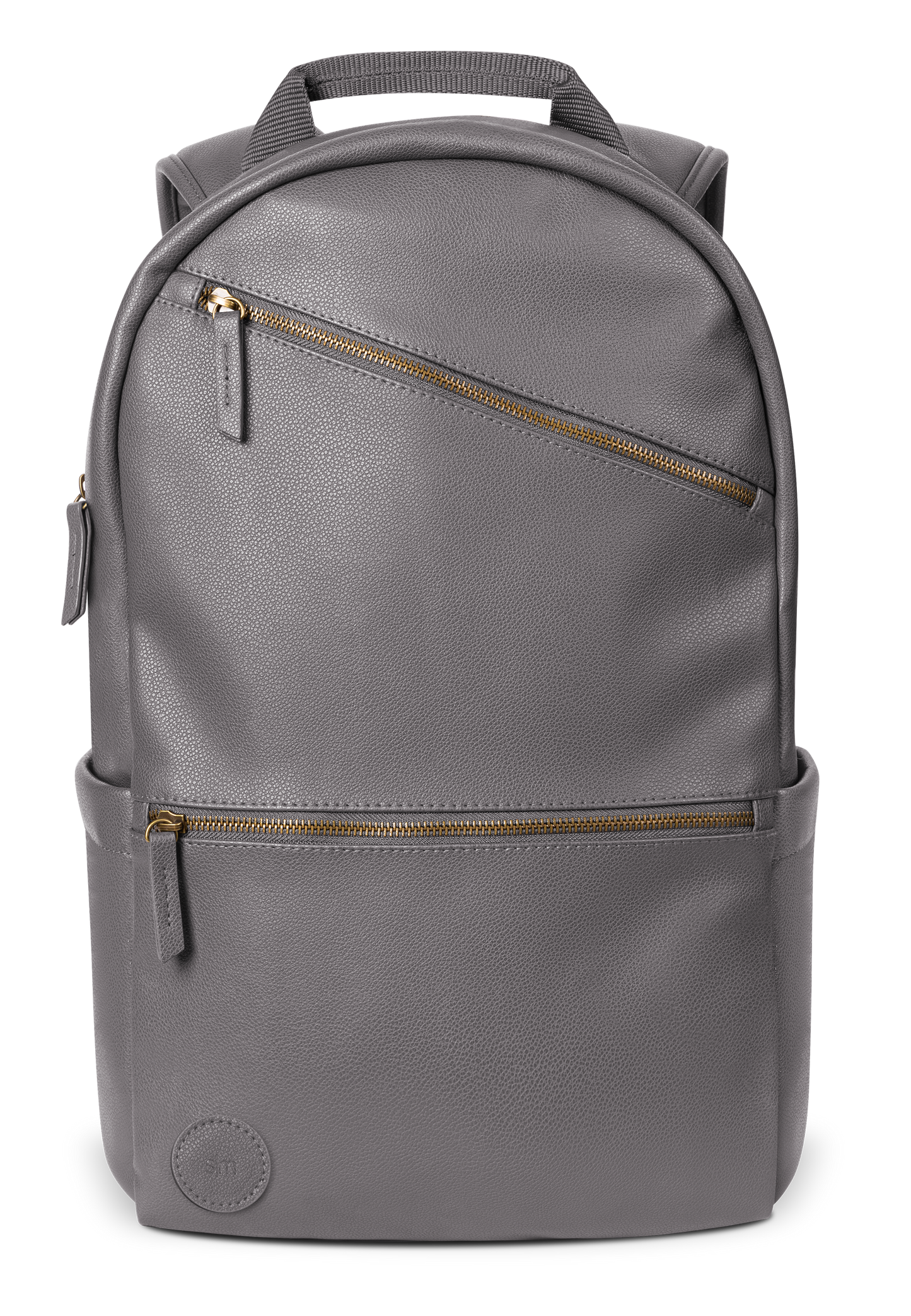 Gray canvas backpack with gold-toned metal hardware and zippers