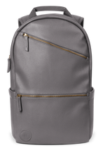 Gray canvas backpack with gold-toned metal hardware and zippers