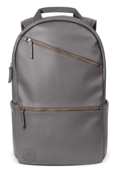 Gray canvas backpack with gold-toned metal hardware and zippers