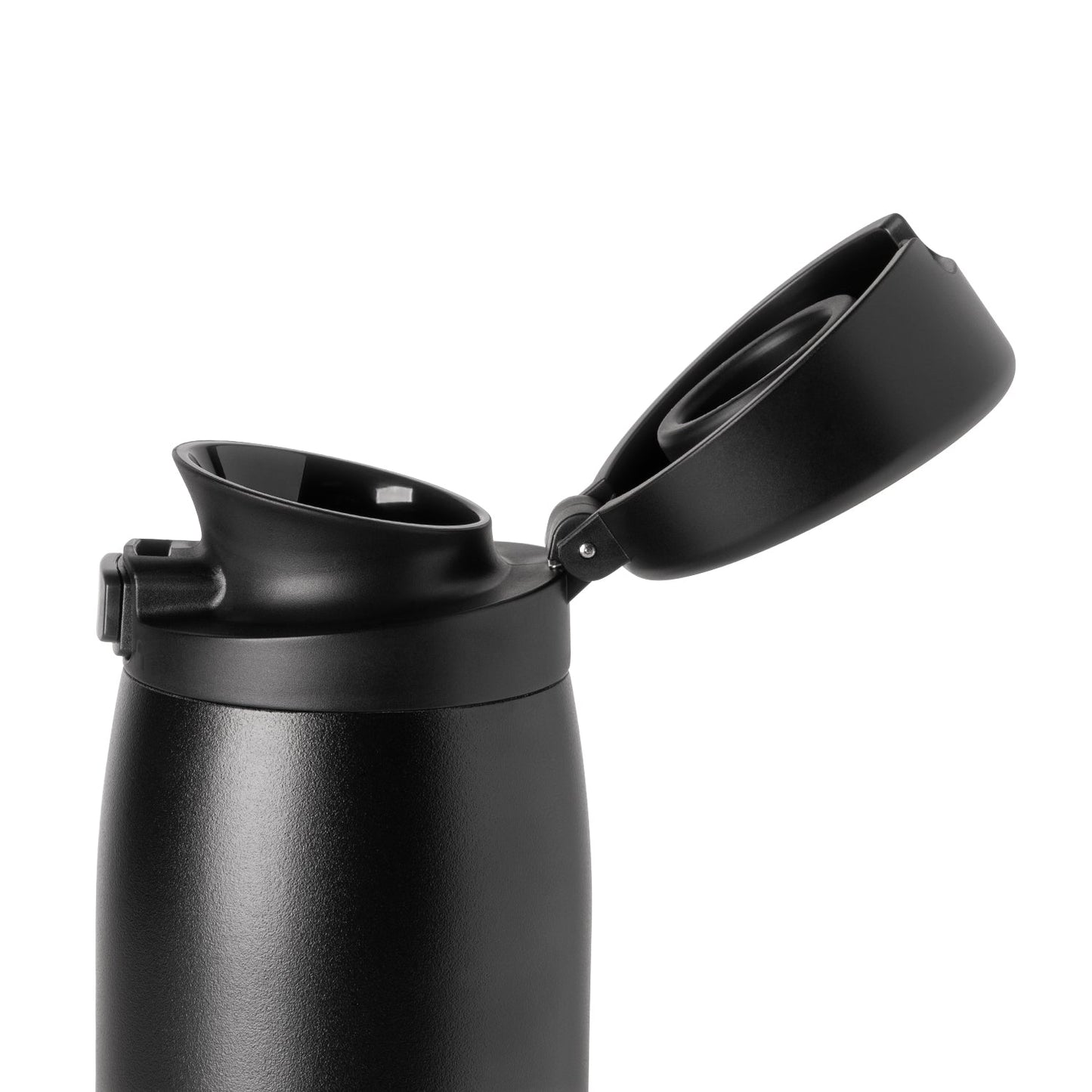 Matte black bottle with textured dark gray metallic lower body against a neutral background.