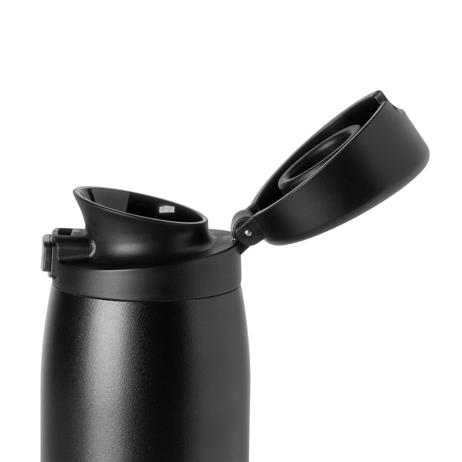 Matte black bottle with textured dark gray metallic lower body against a neutral background.