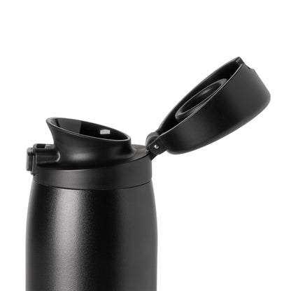 Matte black bottle with textured dark gray metallic lower body against a neutral background.
