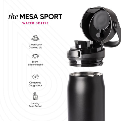 Black water bottle with gray metallic accents and black lid on white background