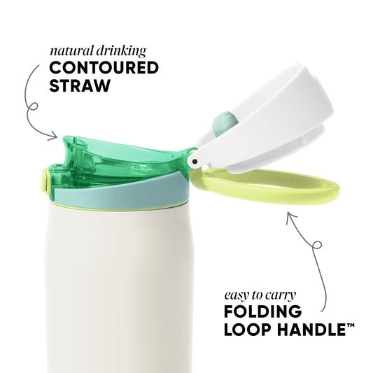 Minimalist water bottle with soft cream body and translucent emerald green accents against a clean background