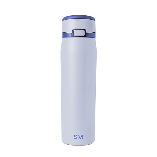 Soft periwinkle tumbler with cobalt blue rim, featuring a calming lavender-blue body and deeper blue accent at the top.