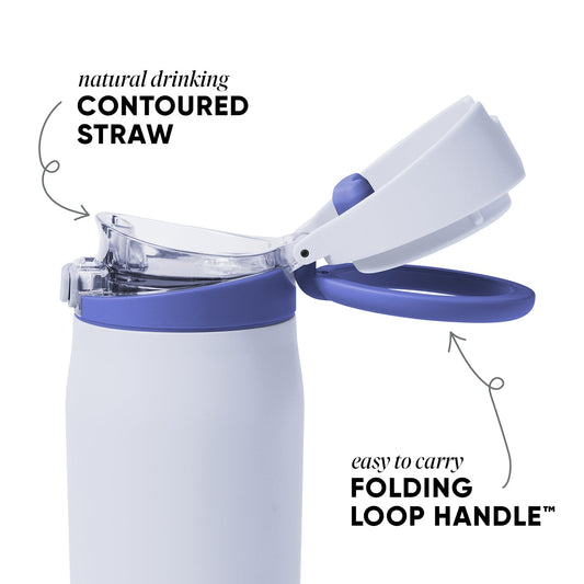 Reusable mesh laundry bag with royal blue accents on lid band, straw element, and folding handle against a pale gray background.