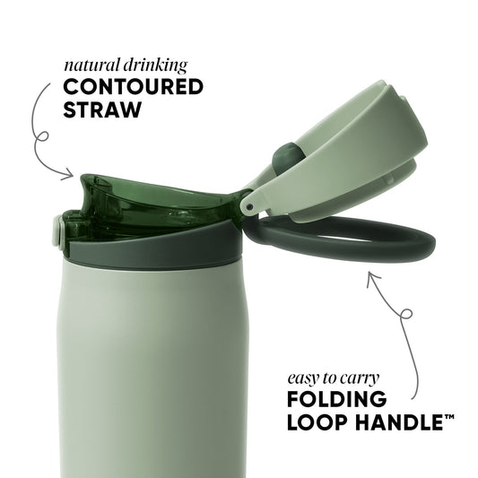 Sage green insulated tumbler with forest green lid, handle, and straw on white background.