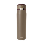 Taupe beige insulated tumbler with deep burgundy lid and band accent