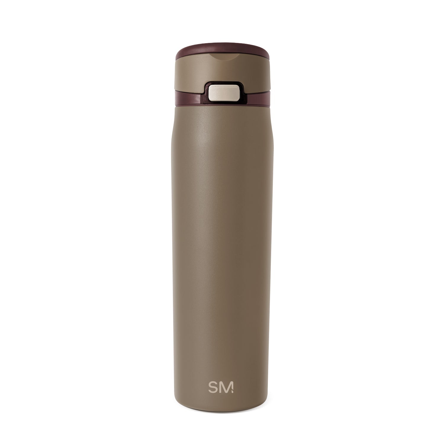 Taupe beige insulated tumbler with deep burgundy lid and band accent