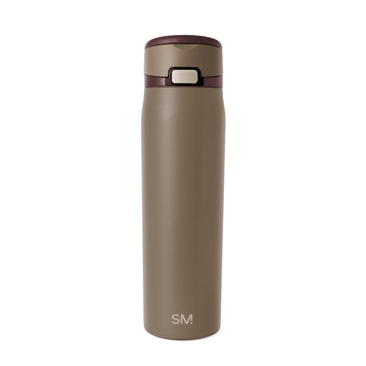 Taupe beige insulated tumbler with deep burgundy lid and band accent