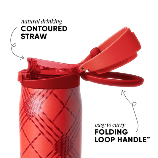 Coral-red drinkware with burgundy quilted plaid pattern