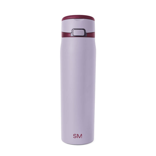 Lavender-lilac insulated tumbler with deep burgundy accent bands at the rim and middle section