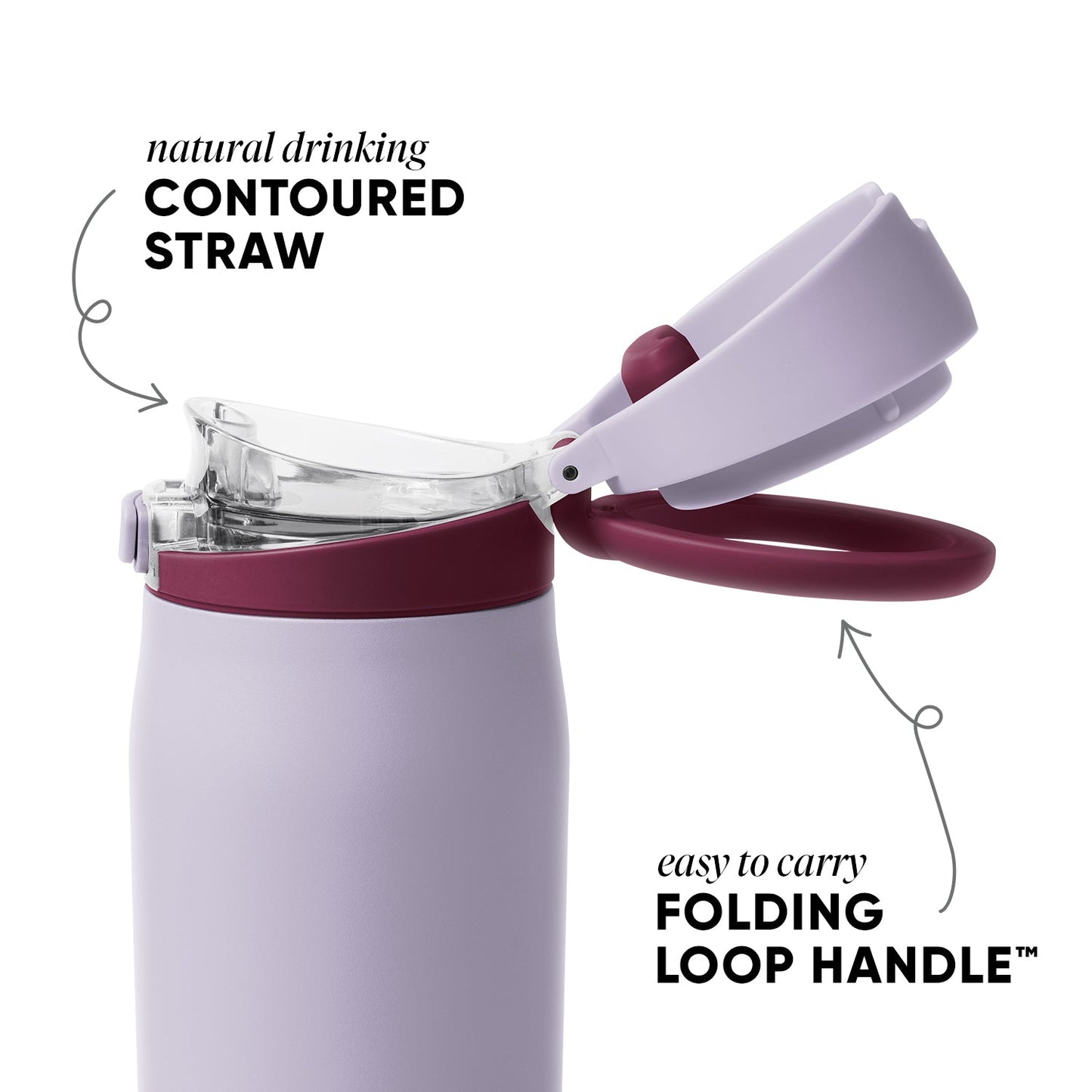 Lavender-purple tumbler with burgundy band detail and folding handle, featuring a clear glass section and matching lid.