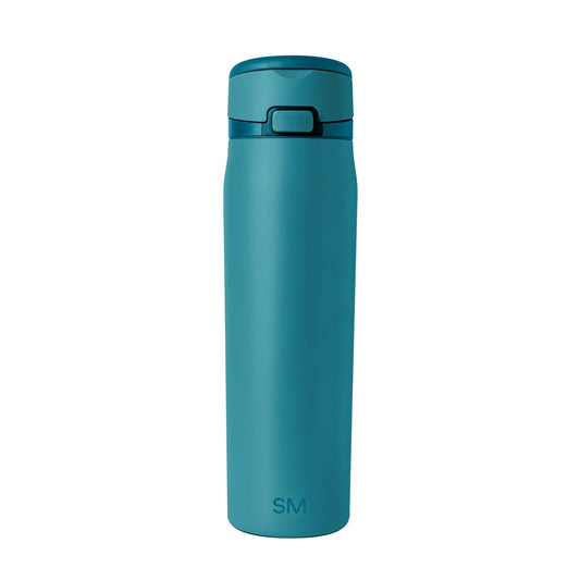 Teal water bottle with dark navy lid and SM logo, front view