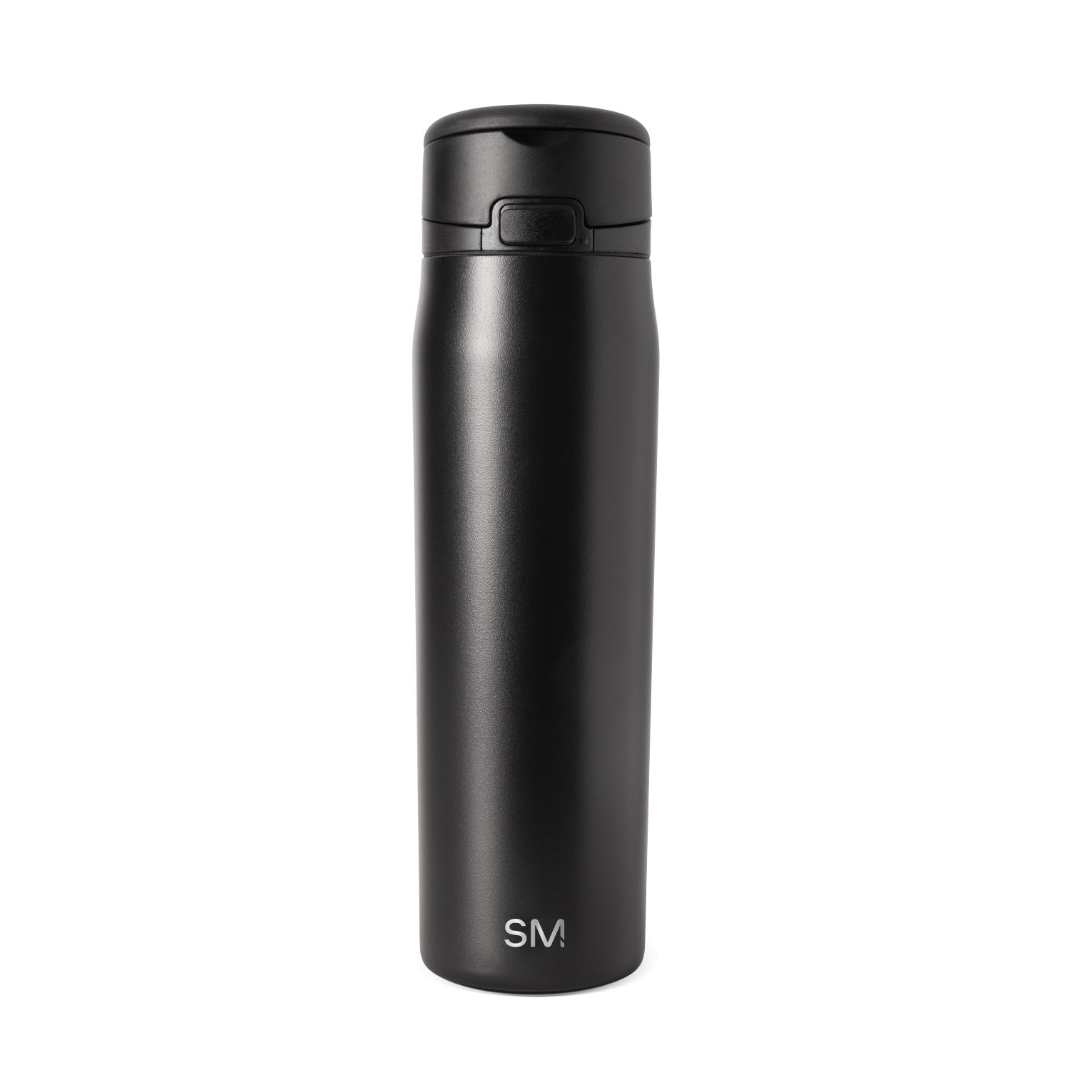 Black and charcoal bottle with white SM logo on white background