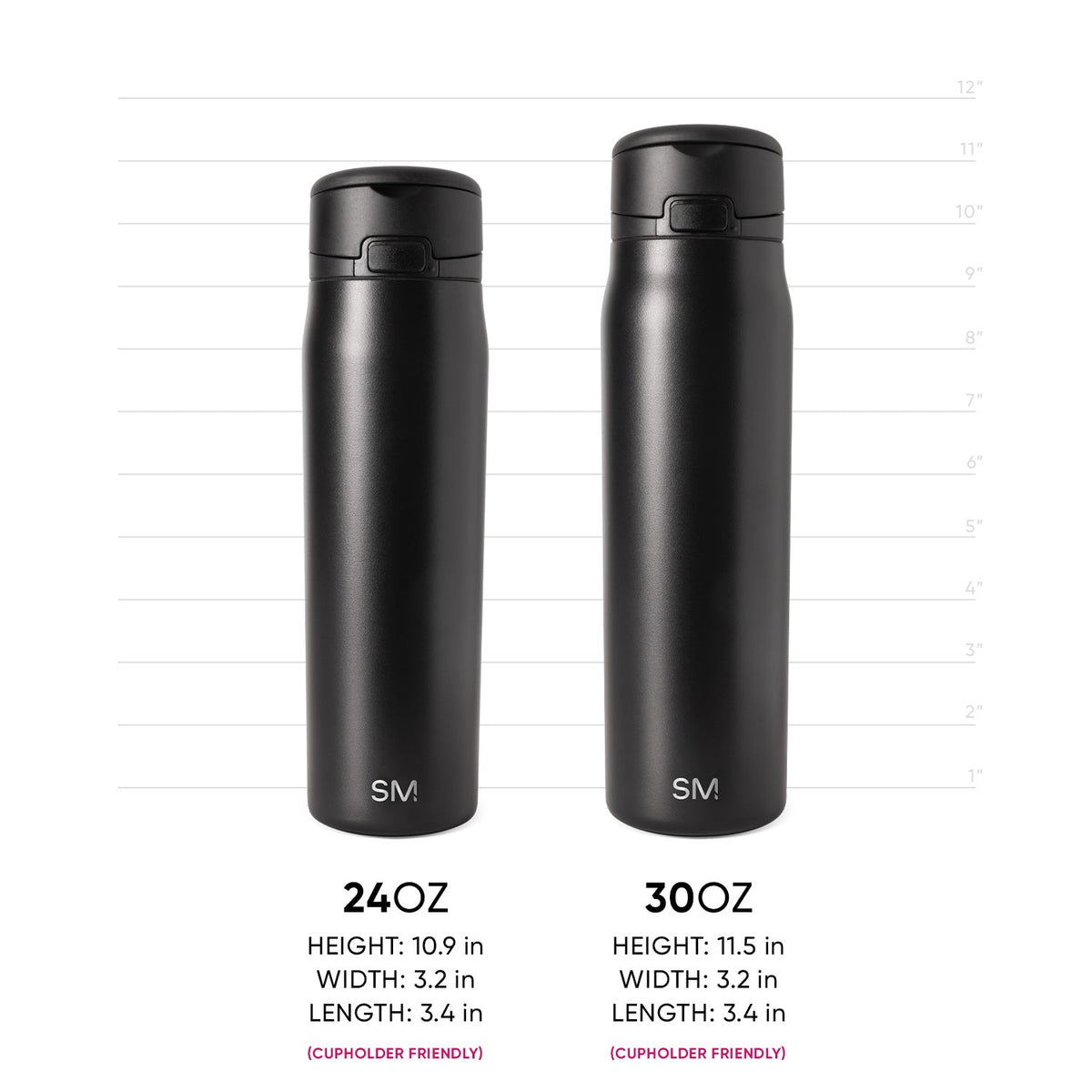 Two matte black cylindrical drinkware vessels with subtle metallic sheen and light reflections on surfaces, shown for product measurement reference.