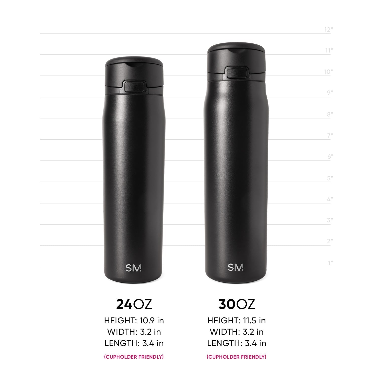 Two matte black cylindrical drinkware vessels with subtle metallic sheen and light reflections on surfaces, shown for product measurement reference.