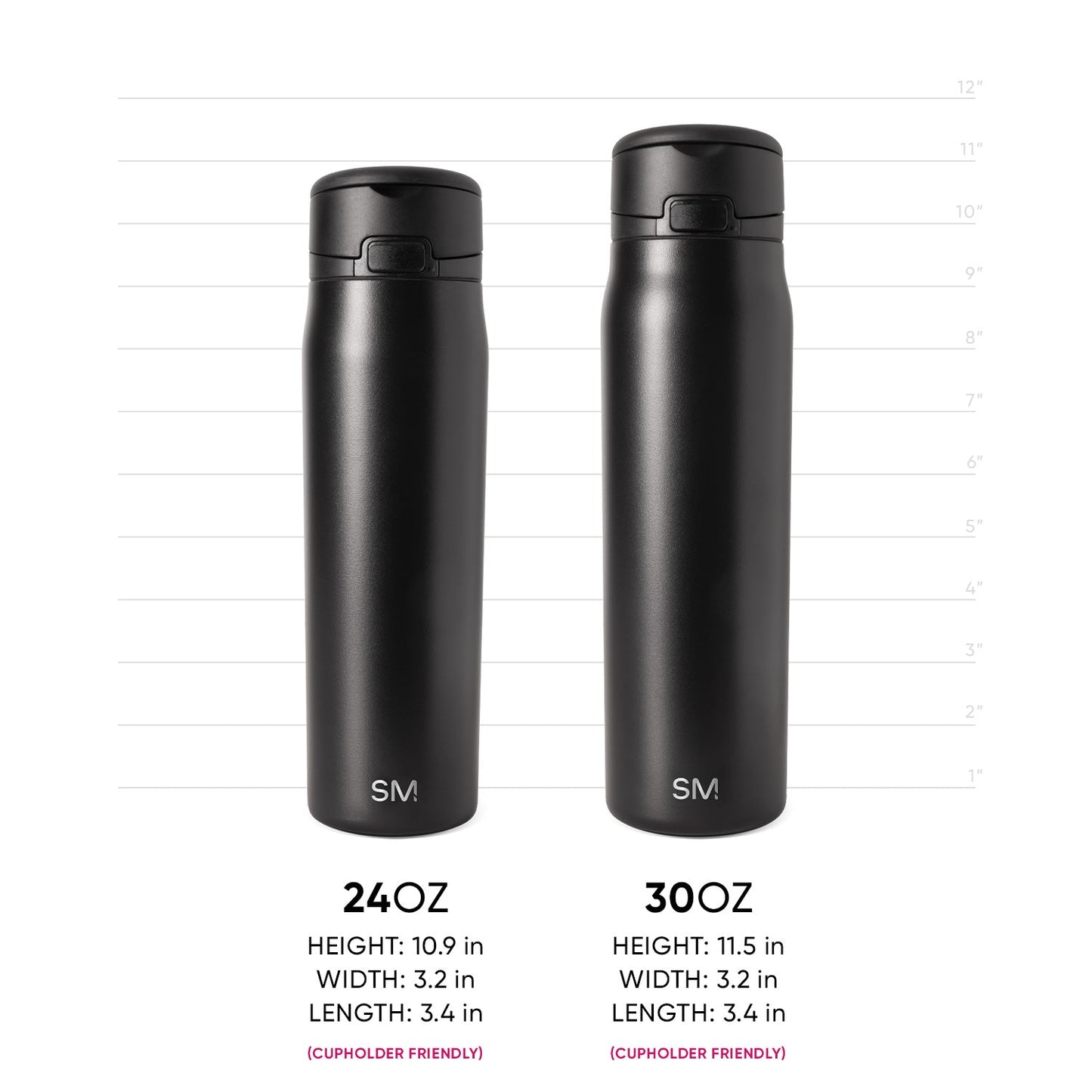 Two black Simple Modern insulated water bottles side by side with measurement scale. Left: 24oz bottle (10.9"H × 3.2"W × 3.4"L). Right: 30oz bottle (11.5"H × 3.2"W × 3.4"L). Both cupholder friendly with dome lids.
