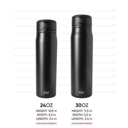 Two black Simple Modern insulated water bottles side by side with measurement scale. Left: 24oz bottle (10.9"H × 3.2"W × 3.4"L). Right: 30oz bottle (11.5"H × 3.2"W × 3.4"L). Both cupholder friendly with dome lids.