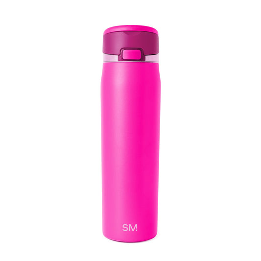 Hot pink and magenta water bottle with darker pink lid, viewed against plain background